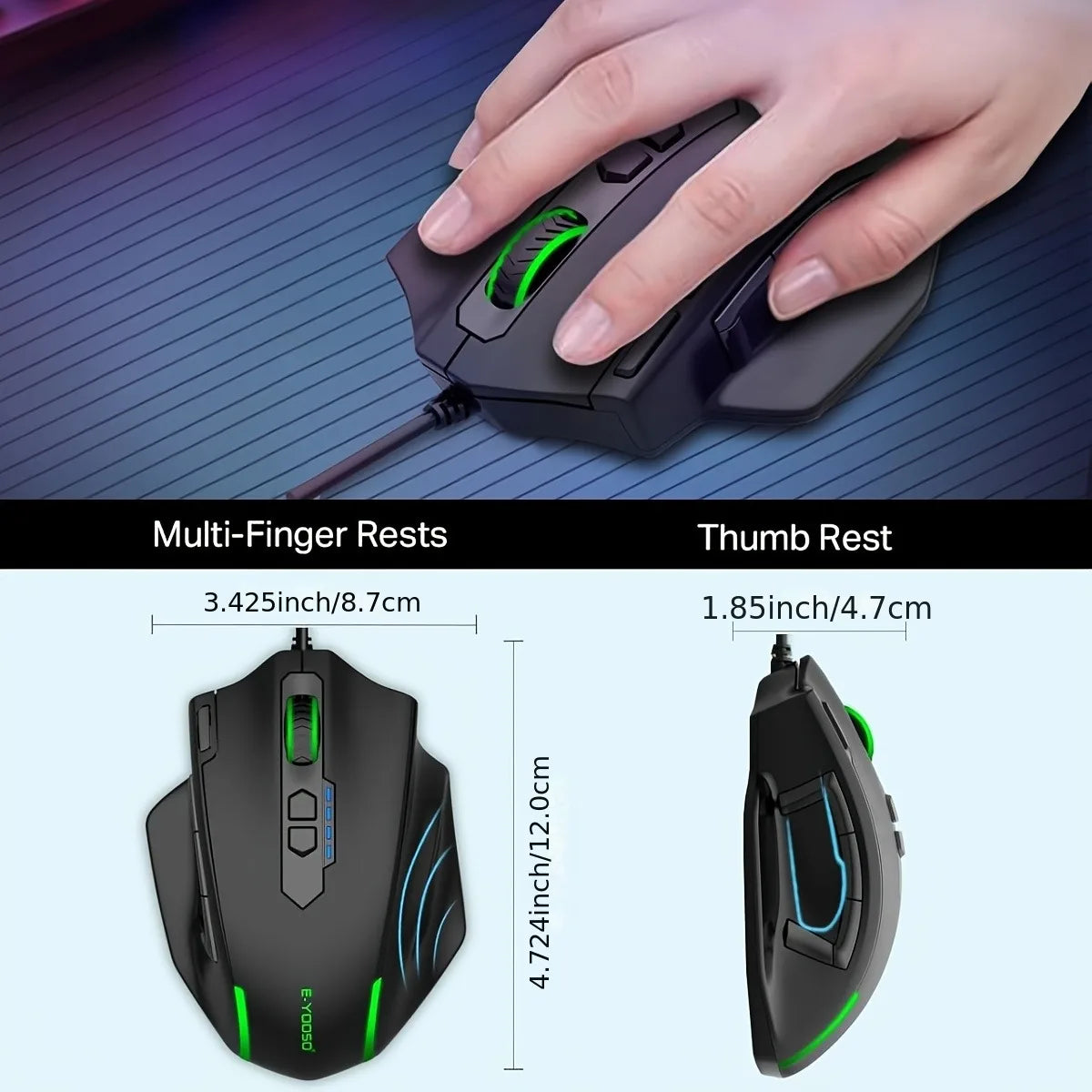 E-YOOSO X-41PRO langallinen suuri pelihiiri, RGB-taustavalaistus, 11 ohjelmoitavaa sivupainiketta, tuki tietokoneille, PC:lle, kannettaville ja Macille