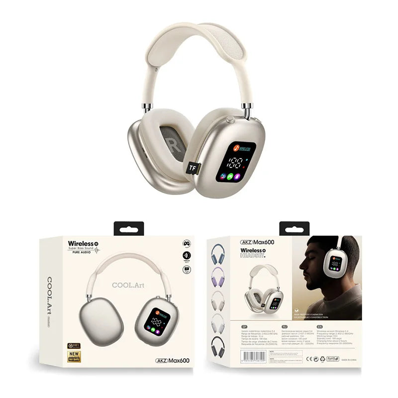 MAX600 Wireless Active Noise Cancelling Headphones Bluetooth 5.2 Over-Ear Headset with Touch Control, LED Display, HD Microphone & Deep Bass