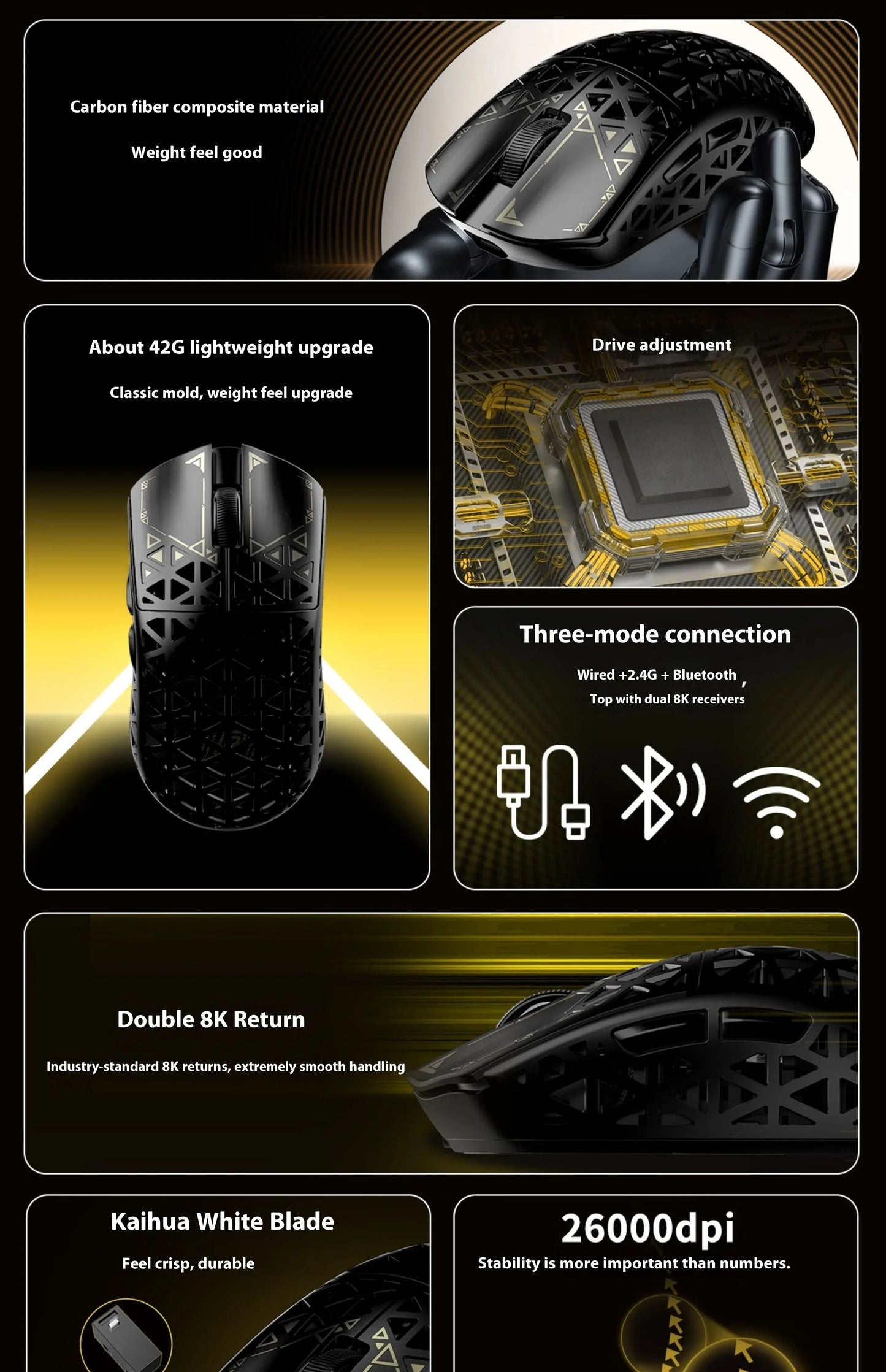 IPI Piao Float Wireless 8K Gaming Mouse, Tri-Mode Bluetooth Lightweight Carbon Fiber Mouse with PixArt 3395 Sensor for Esports & PC Gaming