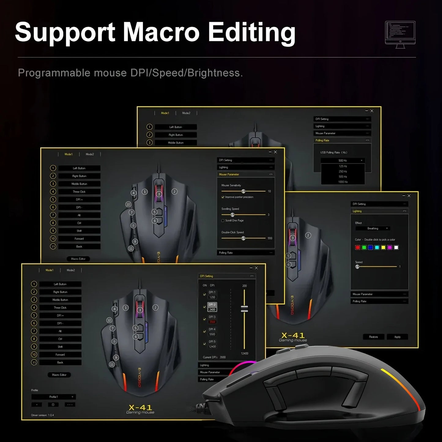 E-YOOSO X-41PRO langallinen suuri pelihiiri, RGB-taustavalaistus, 11 ohjelmoitavaa sivupainiketta, tuki tietokoneille, PC:lle, kannettaville ja Macille