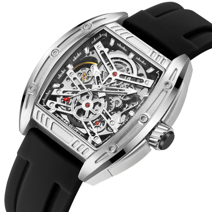 2026 Men's Automatic Mechanical Watch with Stainless Steel Case Silicone Band Skeleton Dial Waterproof Sport Wristwatch