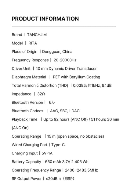 TANCHJIM RITA HiFi Bluetooth Headset Wireless & Wired ANC Headphones, Bluetooth 6.0 LDAC Over-Ear Headphones with 40mm Dynamic Driver, Gaming Headset with ENC & 3.5mm Audio Cable