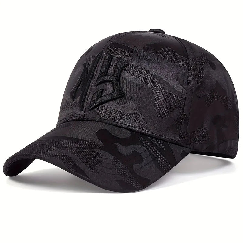Cappellino da baseball con ricamo di lettere in stile mimetico, cappellino snapback primaverile-autunnale, cappellino sportivo casual regolabile, cappellino protettivo dal sole