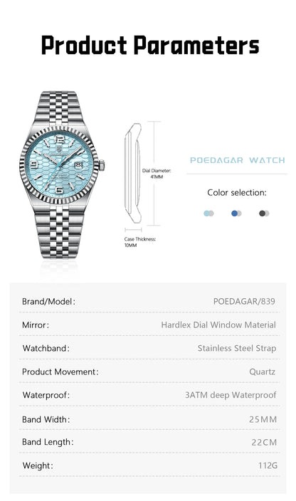 POEDAGAR High Quality Original Men Clock Waterproof Luminous Date Luxury Man Watch Stainless Steel Quartz Men's Watches Male+Box