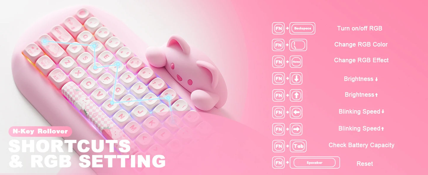 YUNZII C68 Pink 65% Hi-Fi Cute Cat Silicone Hot Swap NKRO  Ergonomic Wireless BT5.0/2.4G/Wired RGB Mechanical Gaming Keyboard