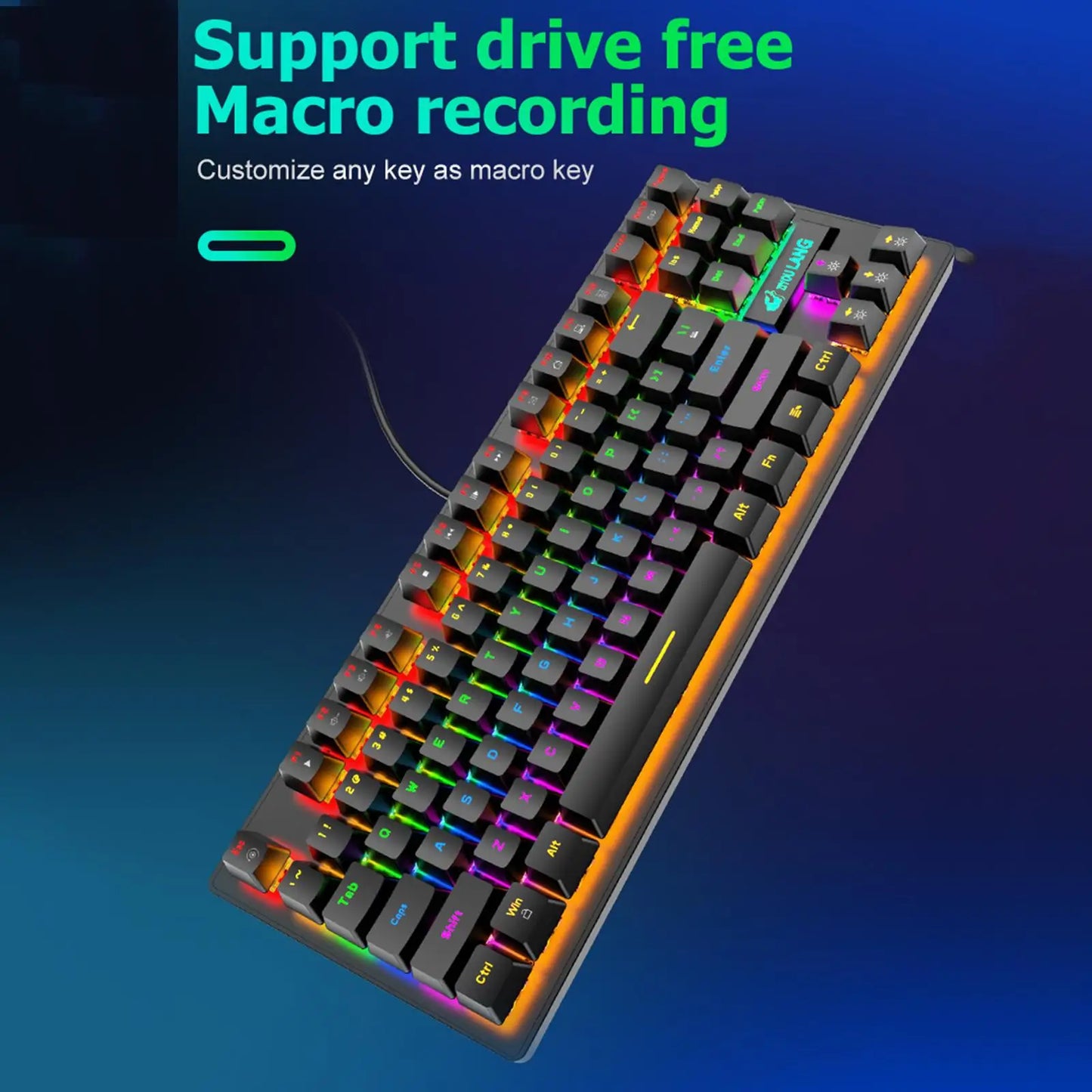 USB Mechanical Gaming Keyboard with Rainbow Backlit, Anti-Ghosting Keys, Blue Switches, Detachable Panel, Compact Wired Gaming Keyboard for PC Desktop