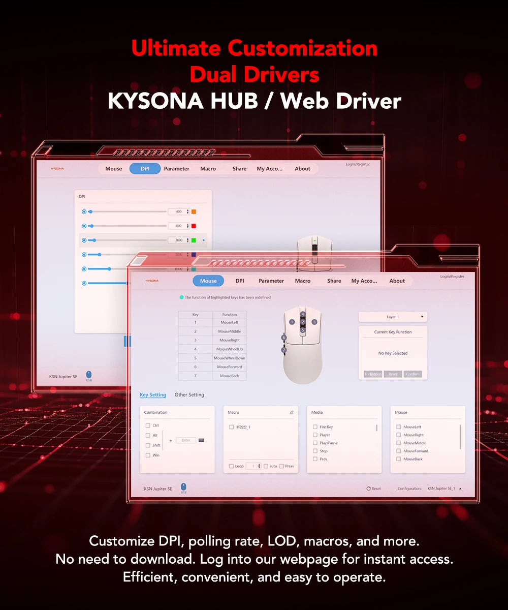 KYSONA Jupiter-serien gamingmus trådbunden/trådlös mus 8Khz PAW3950-sensor Bluetooth 46g uppladdningsbar webbdrivrutin för PC och laptop