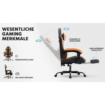 Ergonomic Gaming Chair with Lumbar Support, PU Leather Computer Chair, Adjustable Reclining Gaming Chair with Footrest for Office & PC Setup