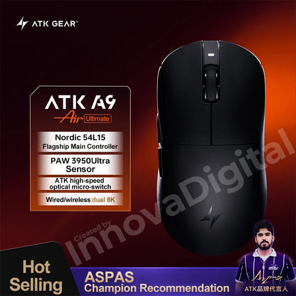 ATK Dragonfly A9 Ultimate безжична геймърска мишка A9 Air PAW3950, ултралека ергономична e-sports мишка за FPS геймъри, CSGO A9 Ultra
