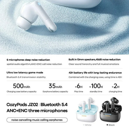 Écouteurs sans fil Remax ANC, réduction de bruit de 45 dB, 6 micros, ENC, appels HD, Cozypods JZ02, mode gaming, faible latence, 42h