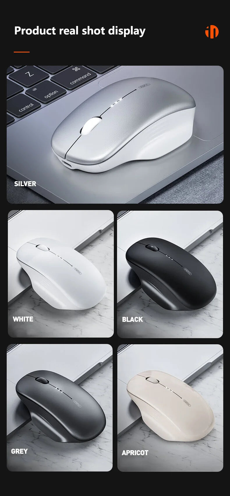 Inphic M1 2.4G Wireless Mouse Type-C Rechargeable Silent Ergonomic Mouse with Battery Level Display, Adjustable DPI Wireless Office Mouse for Laptop & PC