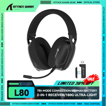 ATTACK SHARK L80 Ultra-Light 180g Gaming Headset – Tri-Mode Wireless (Bluetooth 5.3 / 2.4G / Wired), 5.1 Surround Sound, 40mm Drivers, Pluggable Mic