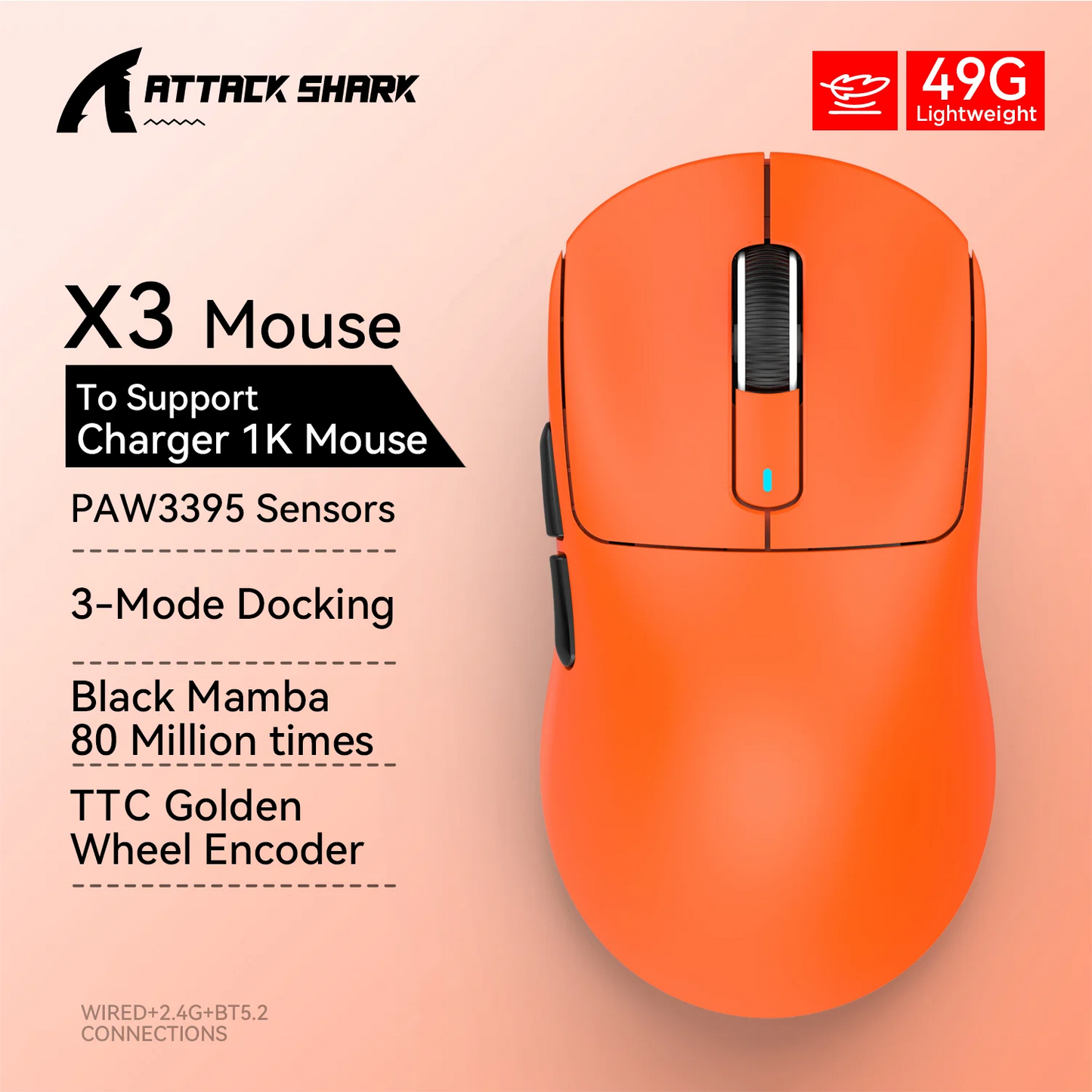 Bezdrôtová herná myš X3 ATTACK SHARK, červená farba, 4K odozva, Bluetooth trojrežimové pripojenie, PAW3395, makro Bluetooth herná myš