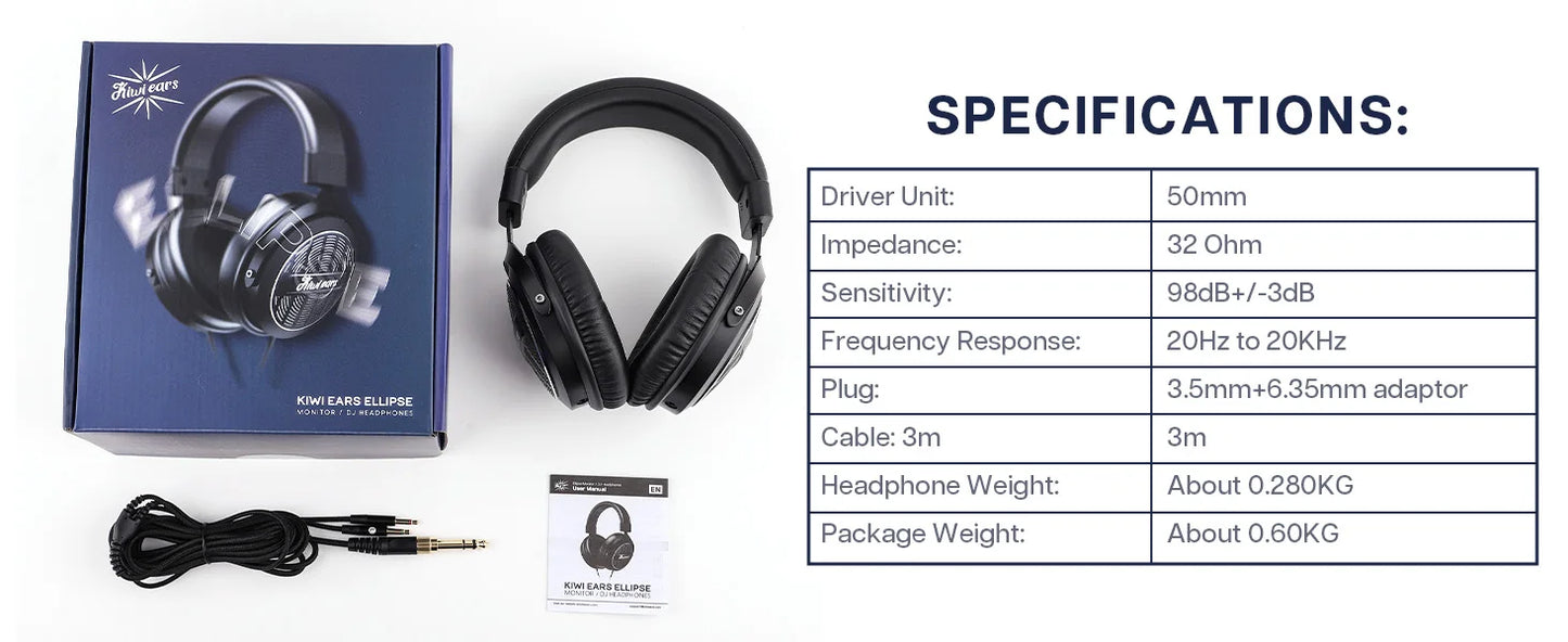 Linsoul Kiwi Ears Ellipse Studio-Grade Open-Back Dynamic Driver Headphones with Detachable Cable, Hi-Fi Bass Over-Ear Wired Headset