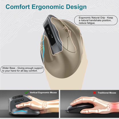 Lefon F26C Vertical Wireless Ergonomic Mouse with OLED Screen, Bluetooth Rechargeable RGB Mouse, 3200 DPI Optical Gaming Mouse for PC & Laptop