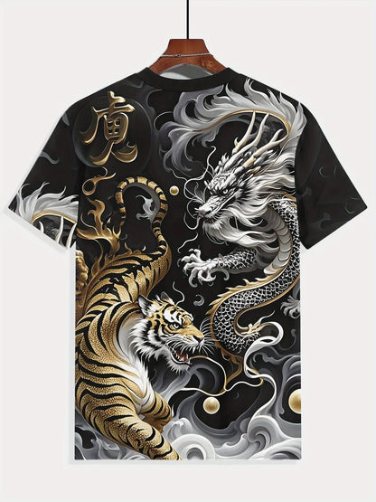 T-shirt gráfica de verão para homem S com design de duelo entre dragão e tigre, manga curta casual, moda 2025, gola redonda