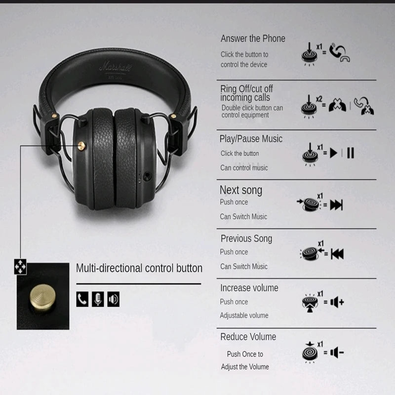 Marshall Major III Wireless Bluetooth Headphones with Deep Bass, Active Noise Cancelling, Foldable Over-Ear Wireless Headphones with Microphone