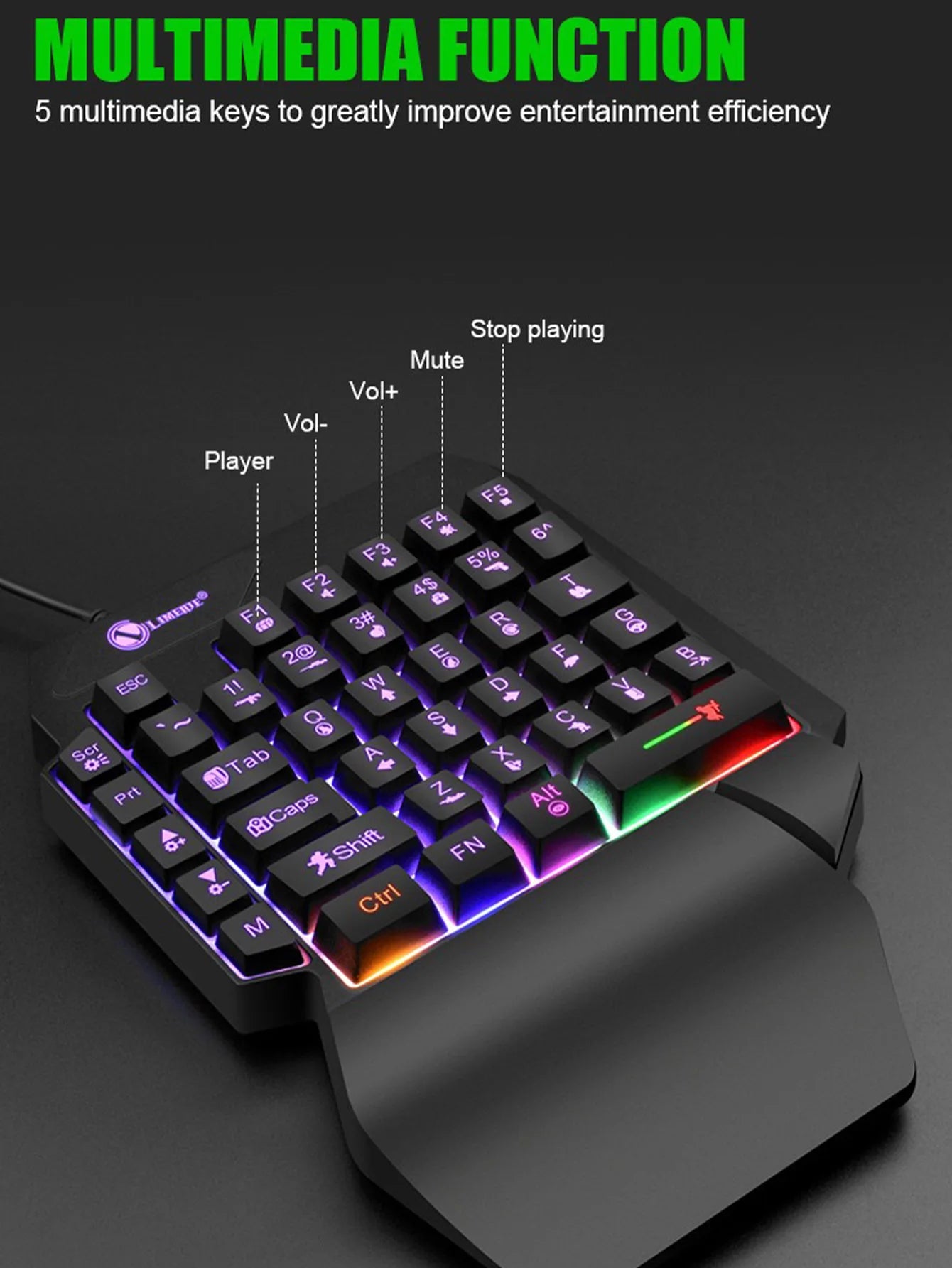 T-WOLF Mechanical One-Handed Gaming Keyboard, Wired RGB Mechanical Gaming Keypad with Ergonomic Wrist Rest, USB Mini Gaming Keyboard for PC & Laptop