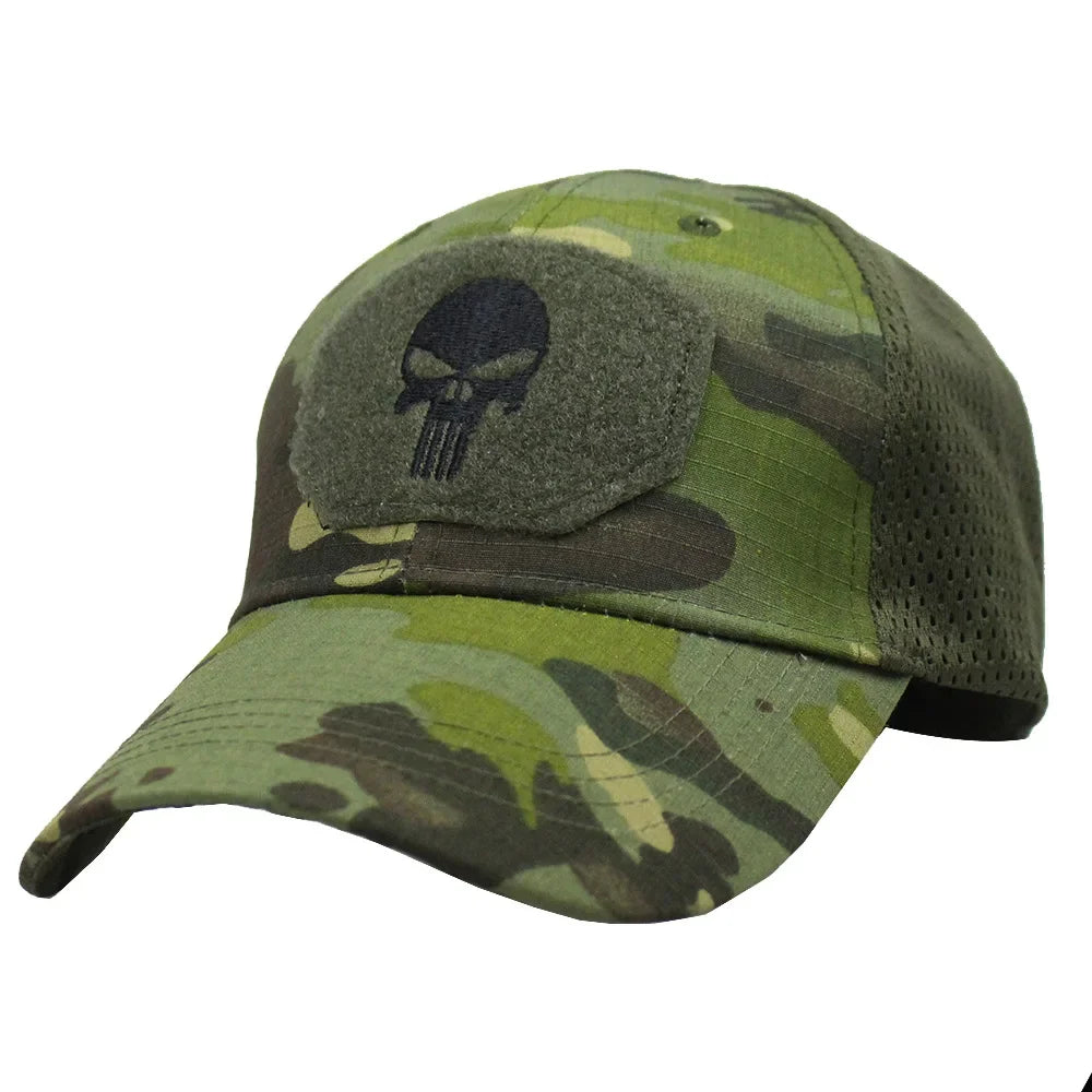 Camouflage-baseballkasket i netstof, åndbar, specialstyrke-taktisk camouflagehat med dødningehoved og and-skærm