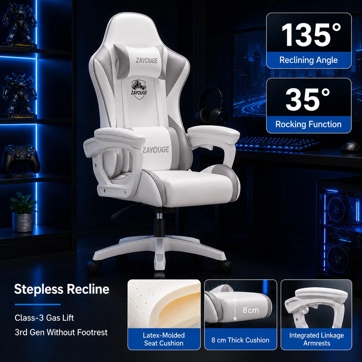 AOLIVIYA Gaming Reclining Chair Ergonomic Office Chair with Footrest, Adjustable Swivel Computer Chair, Racing Style E-Sports Gaming Seat