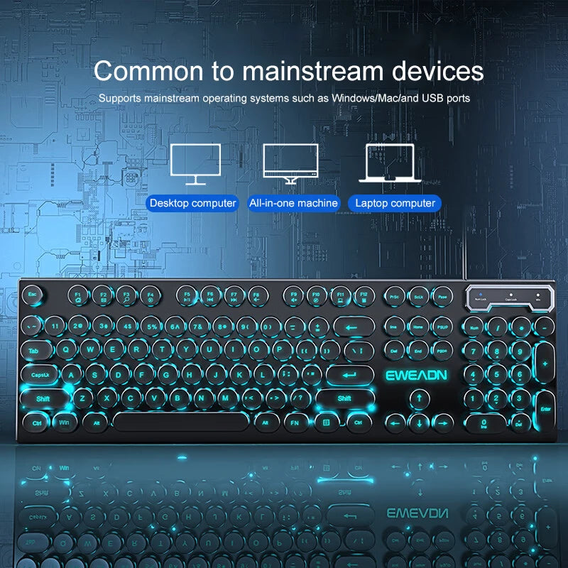 EWEADN GX330 Typewriter Gaming Keyboard 104 Keys Wired Retro Keyboard with RGB Backlit, Round Keycaps, USB Mechanical Style Keyboard for PC & Laptop