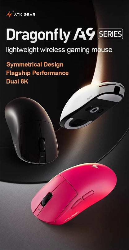 ATK Dragonfly A9 Ultra Wireless Gaming Mouse, Ultra-Lightweight Tri-Mode Ergonomic Gaming Mouse with Dual 8K Polling Rate, PAW3395/3950 Sensor