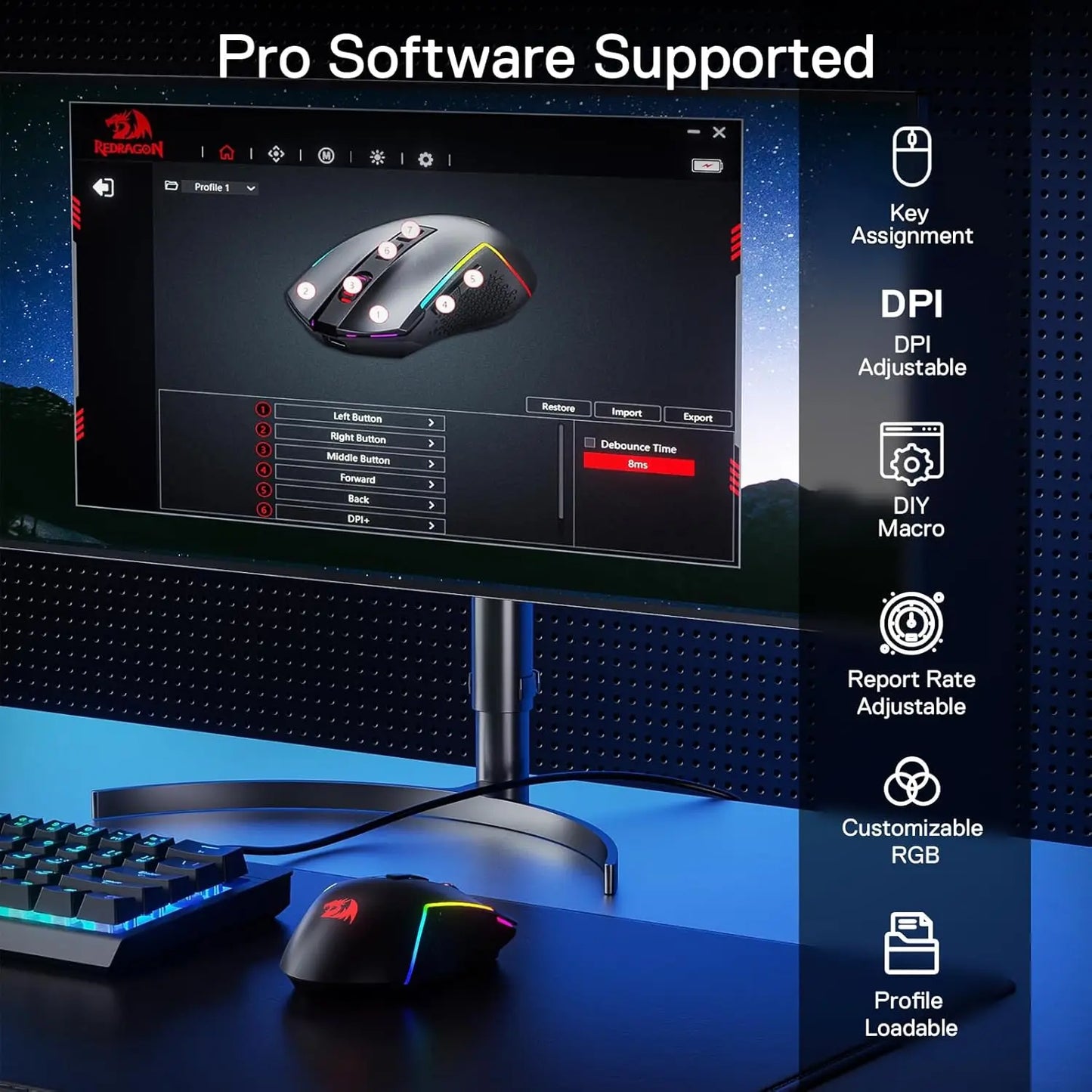 Redragon M693 Wireless Gaming Mouse 12800 DPI, 7 Programmable Buttons, 3-Mode Bluetooth & 2.4G Gaming Mouse
