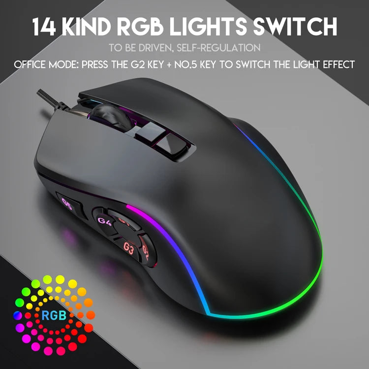 Wired Gaming Office Mouse 7200 DPI RGB Backlit Mouse with 10 Programmable Buttons, 6 Adjustable DPI Levels, Ergonomic Wired Gaming Mouse for PC & Laptop