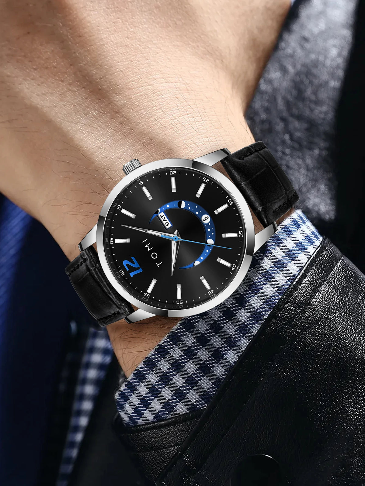 TOMI quartz watch, business-style and elegant, with a leather strap, alloy case and analogue dial – High-end design, a gift idea for men
