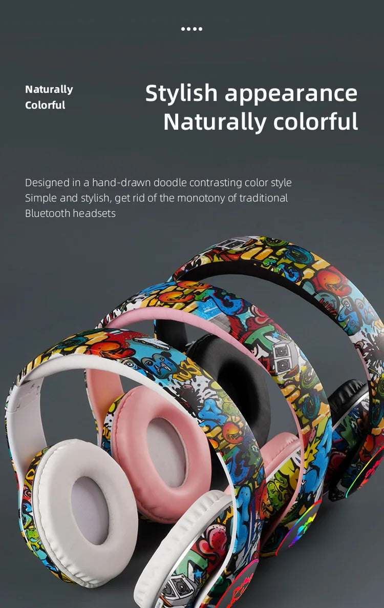 Auriculares gaming Bluetooth inalámbricos New Graffiti LX-8686 con micrófono, luz LED, compatibilidad con tarjeta TF, graves profundos y diseño circumaural para PC, gaming y niños