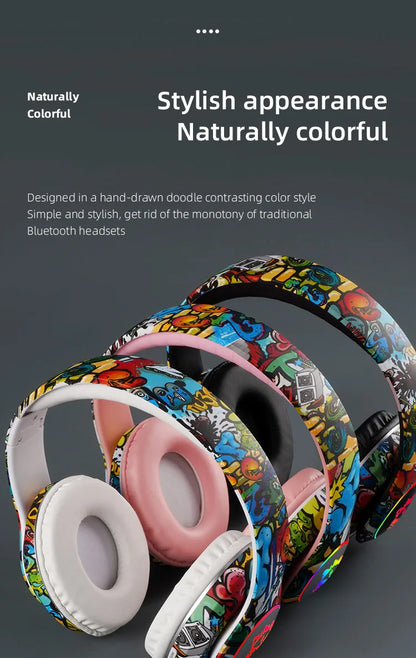 Auriculares gaming Bluetooth inalámbricos New Graffiti LX-8686 con micrófono, luz LED, compatibilidad con tarjeta TF, graves profundos y diseño circumaural para PC, gaming y niños