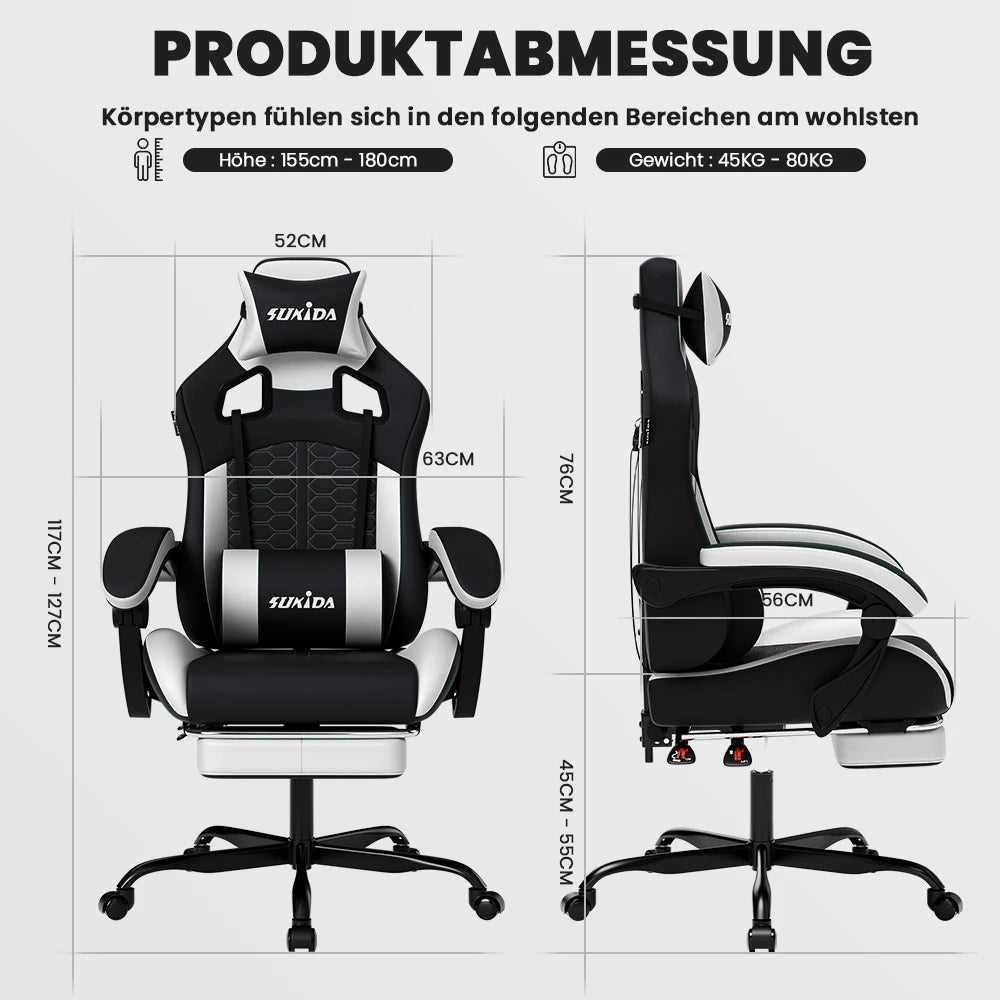 SUKIDA Ergonomischer Racing-Gaming-Stuhl, verstellbar und drehbar, mit Kopfstütze und Lendenwirbelstütze für Büro und Gaming