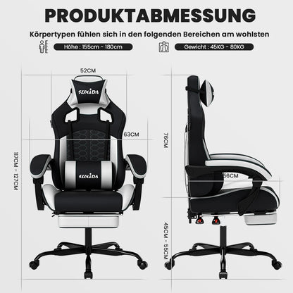SUKIDA Ergonomischer Racing-Gaming-Stuhl, verstellbar und drehbar, mit Kopfstütze und Lendenwirbelstütze für Büro und Gaming