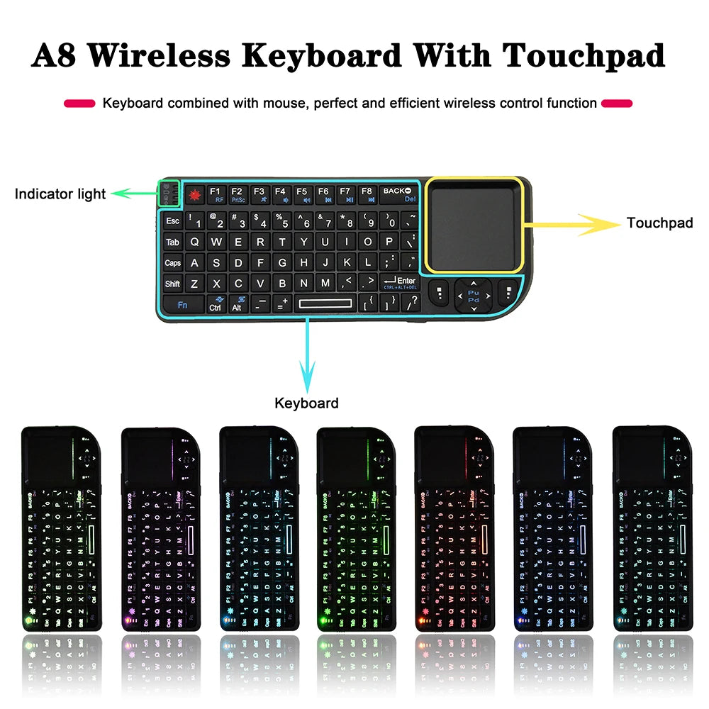 A8 Mini Wireless Keyboard 2.4G 7 Color Backlit 3 in1 Handheld Keyboard with Touchpad Air Mouse for Android TV Box PC Tablet