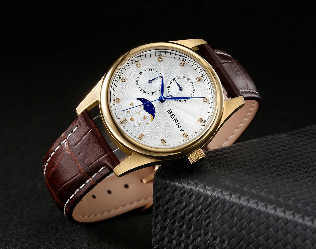 BERNY Men Watch Date Weeks Moon Phase Quartz Watches for Men Stainless Steel Leather Strap Business Wristwatch Male Clock