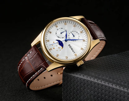 BERNY Men Watch Date Weeks Moon Phase Quartz Watches for Men Stainless Steel Leather Strap Business Wristwatch Male Clock