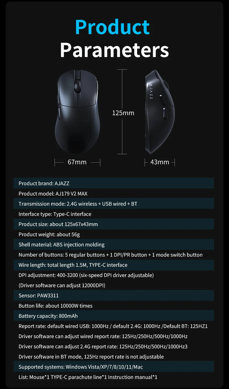 AJAZZ AJ179 V2 MAX tri-mode högerhänt mus, 56g lättviktsdesign, PAW3311-sensor, Huanuo Micro Switch, TelinkMicrochip