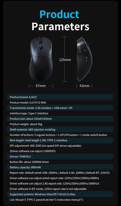 AJAZZ AJ179 V2 MAX tri-mode högerhänt mus, 56g lättviktsdesign, PAW3311-sensor, Huanuo Micro Switch, TelinkMicrochip