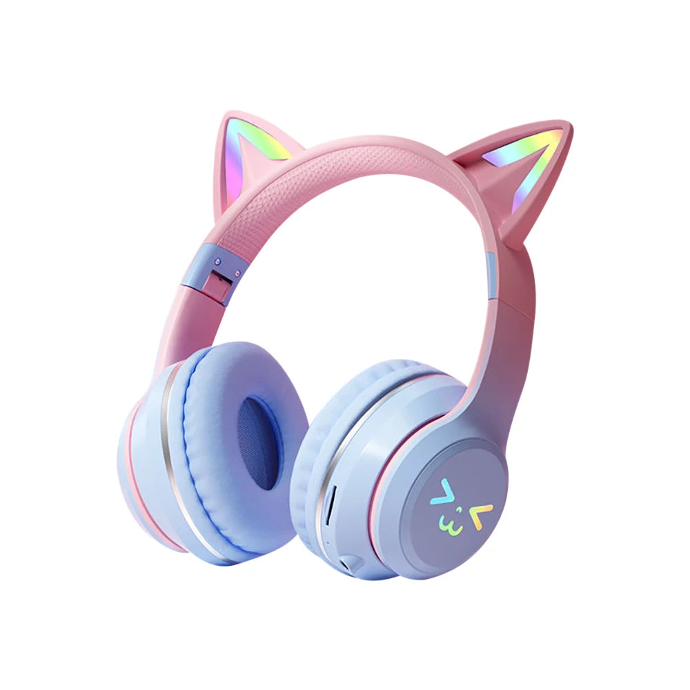 RGB Cat Ear Wireless Bluetooth Headphones for Kids & Girls, LED Light Stereo Gaming Headset with Microphone, Foldable Bluetooth Cat Ear Headphones