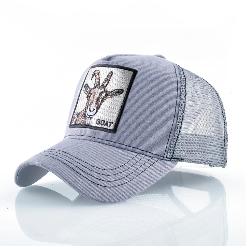 Gorras de camionero de moda con parche bordado de cabra. Gorra de béisbol Snapback «Four Seasons» para hombre y mujer, con visera ajustable.