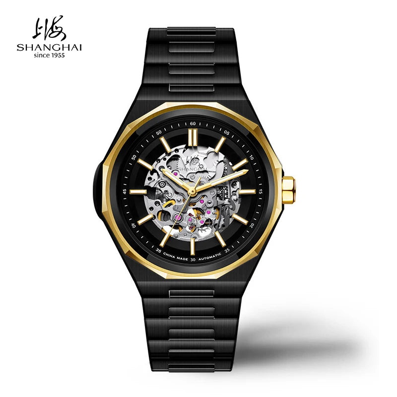 Shanghai Watch Dual Skeletonized Automatic Mechanical Watches 41mm Luminous Sapphire Men's Wristwatch 316L Stainless Steel S8008