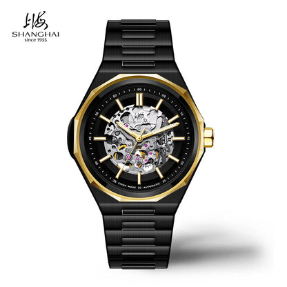 Shanghai Watch Dual Skeletonized Automatic Mechanical Watches 41mm Luminous Sapphire Men's Wristwatch 316L Stainless Steel S8008