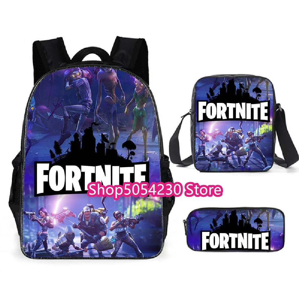 Conjunto de Mochila Fortnited 3PCS para Adolescentes e Estudantes, Saco de Viagem Fortress Night, Mochila Escolar 3D de Jogos Populares