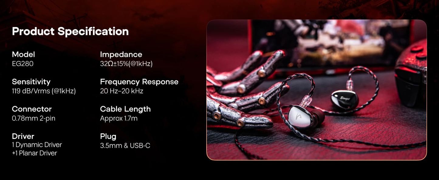 SIMGOT EG280 HiFi Wired IEM Earphones 1DD+1 Planar Hybrid Driver Gaming Earbuds with USB-C DAC, Detachable 2Pin OFC Cable