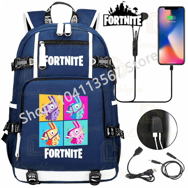 Mochila Red Jade F-Fortnited Battle Royale com carregamento USB, figuras anime e compartimento para material escolar para estudantes