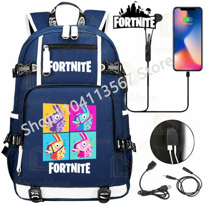 Mochila Red Jade F-Fortnited Battle Royale com carregamento USB, figuras anime e compartimento para material escolar para estudantes