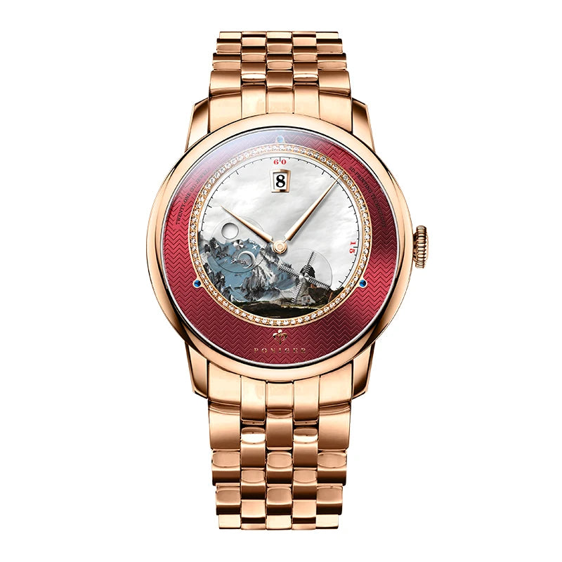 PONIGER Sapphire Crystal Glass Wrist Watch Painting Dial Man Leather Automatic Wristwatch MIYOTA 8219
