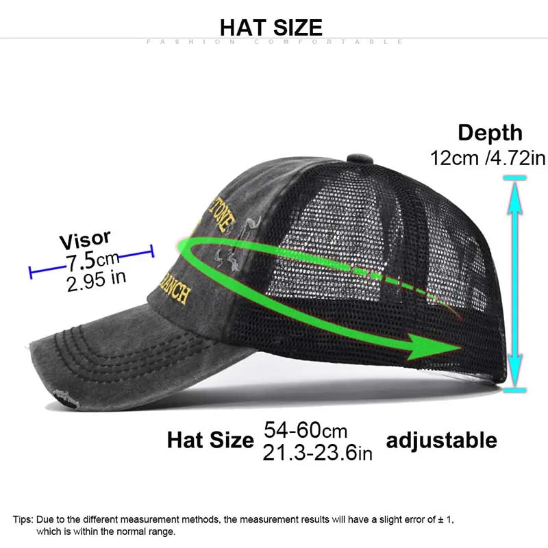 Summer Yellowstone Dutton Ranch Hat Cross Ponytail Baseball Cap Distressed Outdoor Embroidery Sunscreen Hat Solid Color Cap