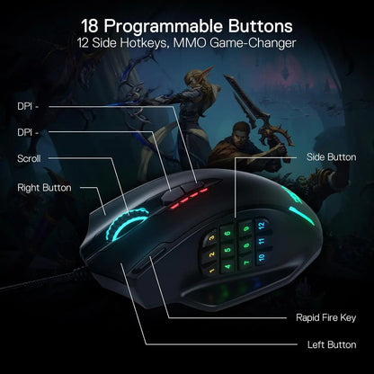Redragon M908 RGB Wired Gaming Mouse, 18 Programmable Buttons, 12400 DPI USB Gaming Mouse with Customizable RGB Backlight for PC & MMO Gaming