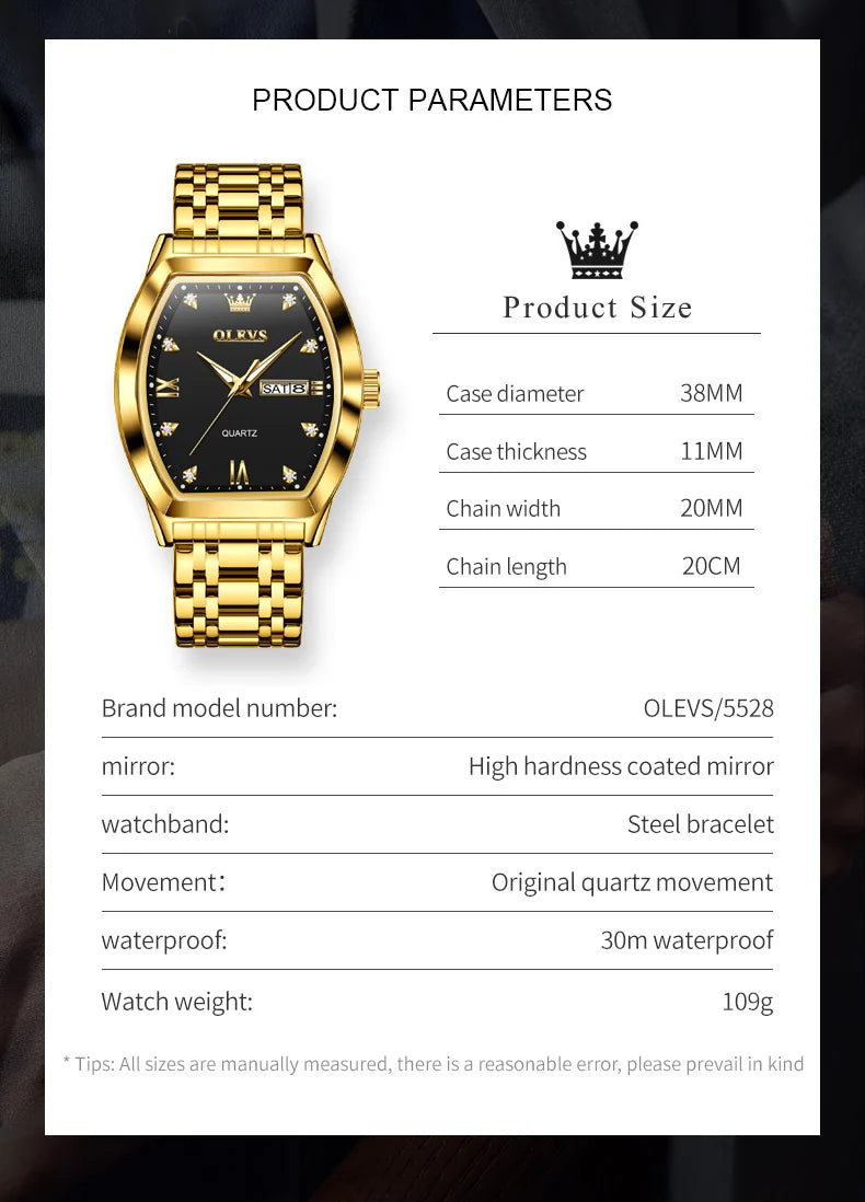 OLEVS Men's Watches Luxury Tonneau Original Top Brand Quartz Watch for Men Waterproof Luminous Week Date Male Wristwatch